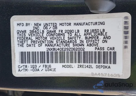 2009 Toyota Corolla Le из США, поврежденный, VIN 1NXBU40E29Z062002